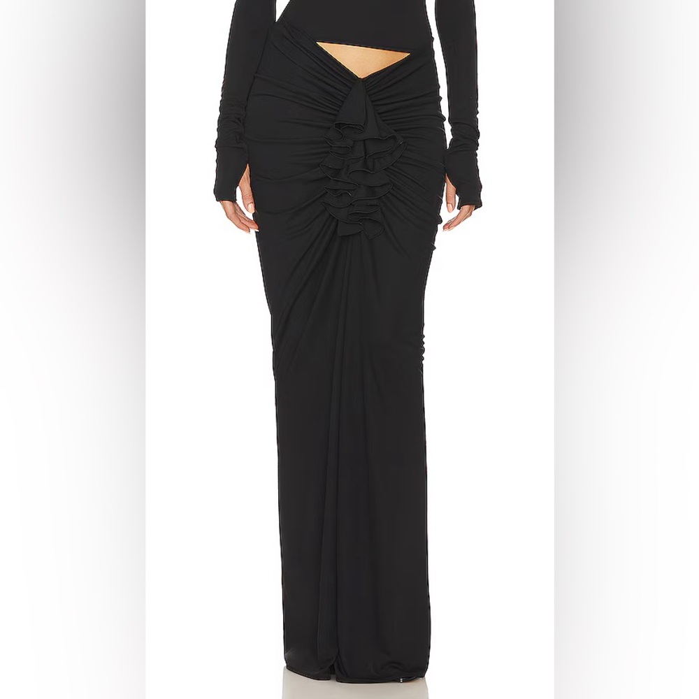 Helsa Matte Jersey Long Ruched Skirt in Black